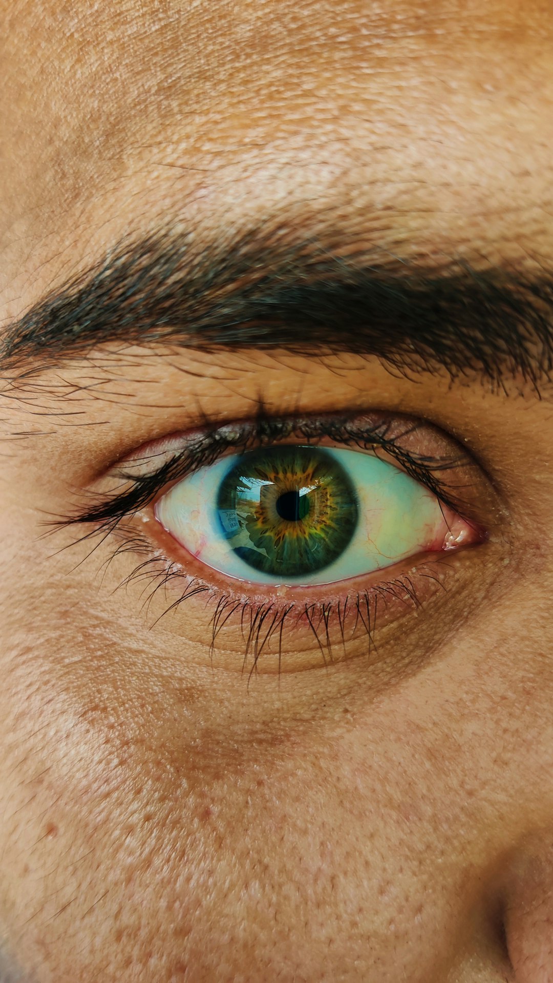 A macro view of a human eye with a green and brown iris