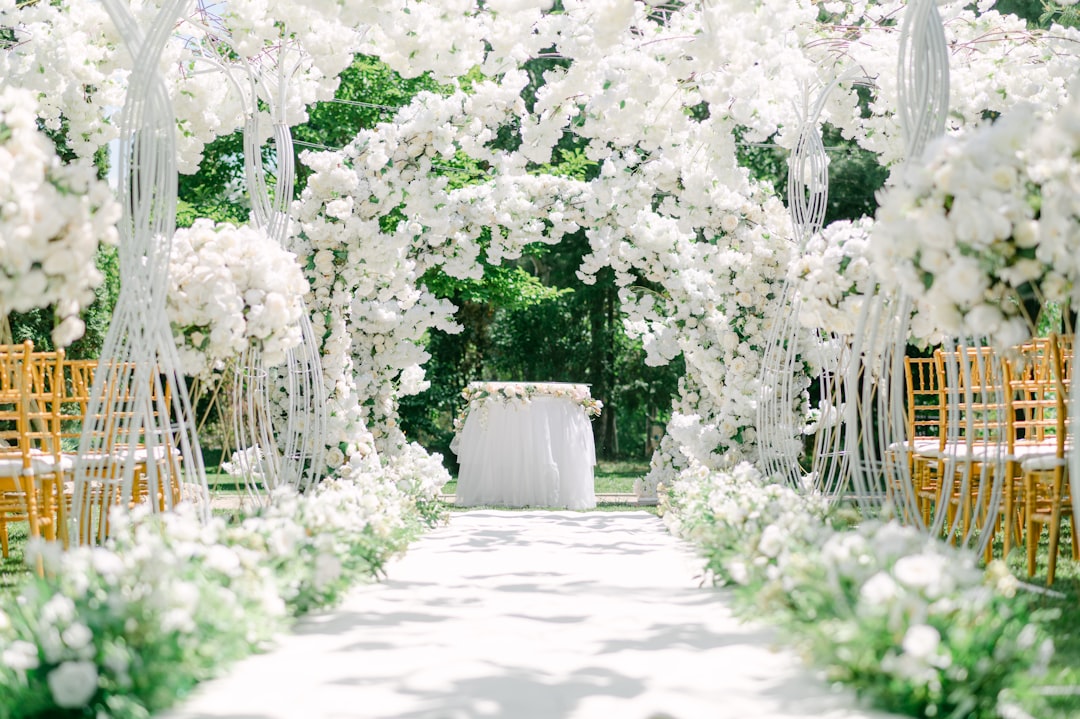 A white floral archway over a path with gold chairs for a wedding